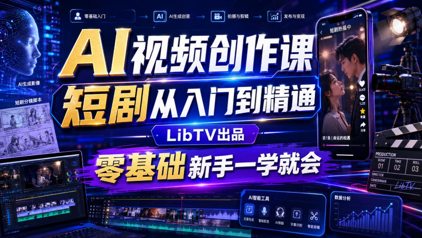 AI视频创作课，短剧从入门到精通，LibTV出品，零基础新手一学就会-搞钱利器