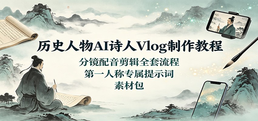 历史人物AI诗人Vlog制作教程：分镜配音剪辑全套流程，第一人称专属提示词素材包-搞钱利器