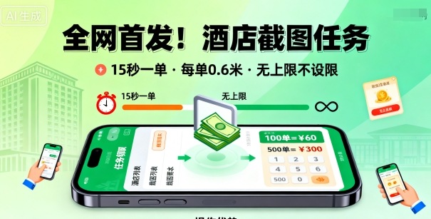 全网首发！酒店截图任务，15秒一单，每单0.6米，任务无上限不设限，矩阵操作单日3张到手【揭秘】-搞钱利器