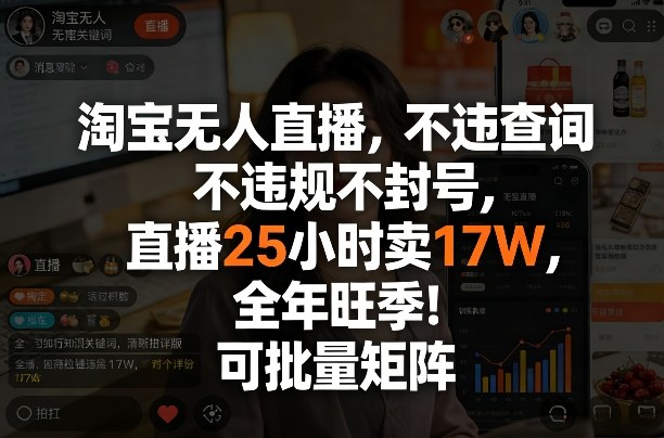 淘宝无人直播，不违规不封号，直播25小时卖17W，全年旺季！可批量矩阵【揭秘】-搞钱利器