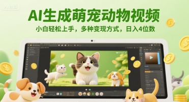AI生成萌宠动物视频，小白轻松上手，多种变现方式，日入4位数-搞钱利器