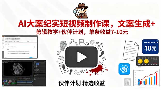 AI大案纪实短视频制作课，文案生成+剪辑教学+伙伴计划，单条收益7-10元-搞钱利器