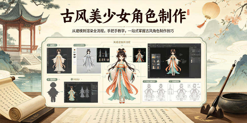 古风美少女角色制作，从建模到渲染全流程，手把手教学，一站式掌握古风角色制作技巧-搞钱利器