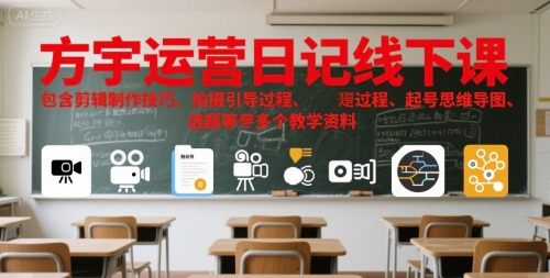 方宇运营日记线下课，包含剪辑制作技巧、拍摄引导过程、起号思维导图、选题等多个教学资料-搞钱利器