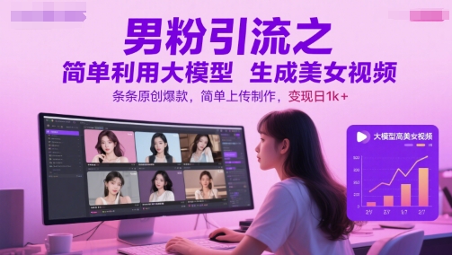 男粉引流之简单利用大模型生成美女视频，条条原创爆款，简单上传制作，变现日1k+-搞钱利器