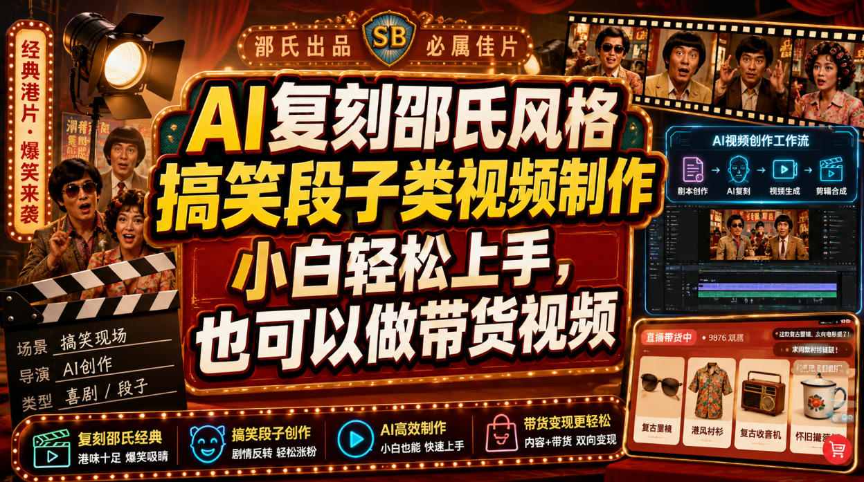 AI复刻邵氏风格搞笑段子类视频制作，小白轻松上手，也可以做带货视频-搞钱利器