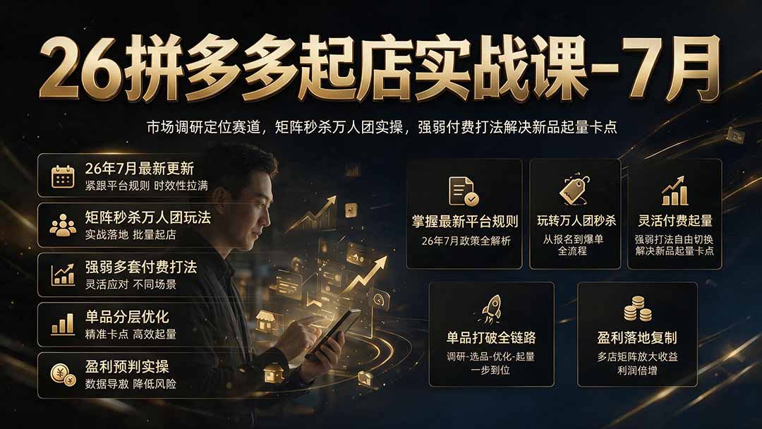 26拼多多起店实战课-7月｜市场调研定位赛道，矩阵秒杀万人团实操，强弱付费打法解决新品起量卡点-搞钱利器