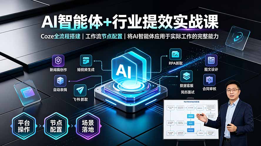 AI智能体+行业提效实战课·Coze全流程搭建｜工作流节点配置｜将AI智能体应用于实际工作的完整能力-搞钱利器