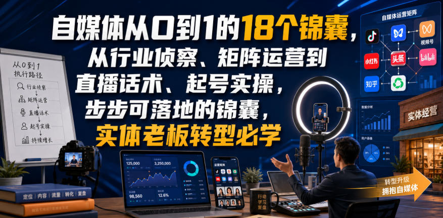 自媒体从0到1的18个锦囊，从行业侦察、矩阵运营到直播话术、起号实操，步步可落地的锦囊，实体老板转型必学-搞钱利器