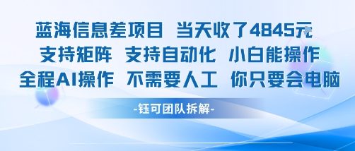 蓝海信息差项目当天收米1k+ 支持矩阵支持自动化小白能操作全程AI操作不需要人工你只要会电脑-搞钱利器