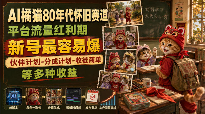 AI橘猫80年代怀旧赛道，平台流量红利期，新号最容易爆，伙伴计划-分成计划-收徒商单等多种收益-搞钱利器