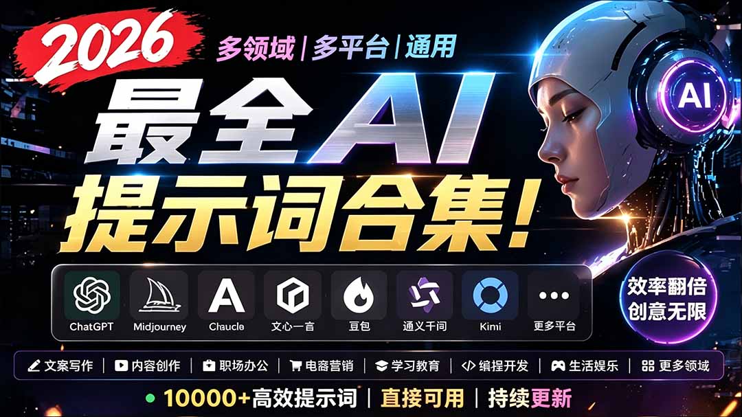 2026最全AI提示词合集！多领域多平台通用，涵盖AI绘画、电商主图、爆款文案，脚本创作等-搞钱利器