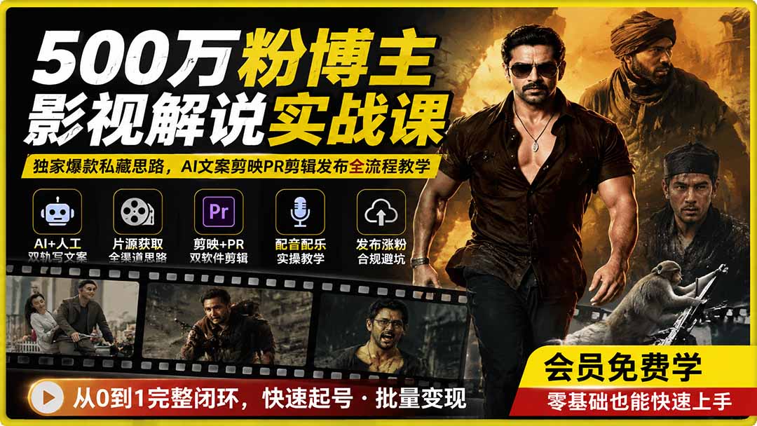500万粉博主影视解说实战课｜独家爆款私藏思路，AI文案剪映PR剪辑发布全流程教学-搞钱利器