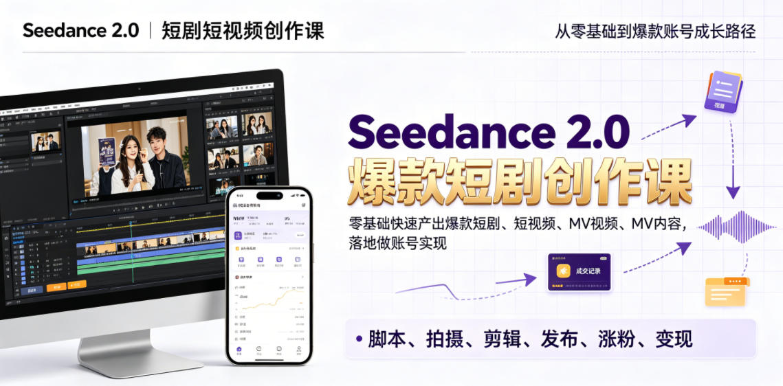 Seedance 2.0短剧短视频创作课，零基础快速产出爆款短剧、短视频、MV内容，落地做账号实现变现-搞钱利器