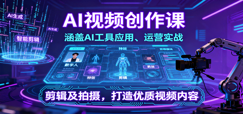 AI视频创作课，涵盖AI工具应用、运营实战、剪辑及拍摄，打造优质视频内容-搞钱利器