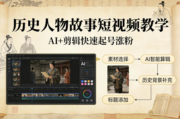 历史人物故事短视频教学，AI+剪辑制作历史人物题材短视频，快速起号涨粉-搞钱利器