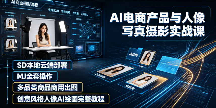AI电商产品与人像写真摄影实战课｜SD本地云端部署、MJ全套操作、多品类商品商用出图、创意风格人像AI绘图完整教程-搞钱利器
