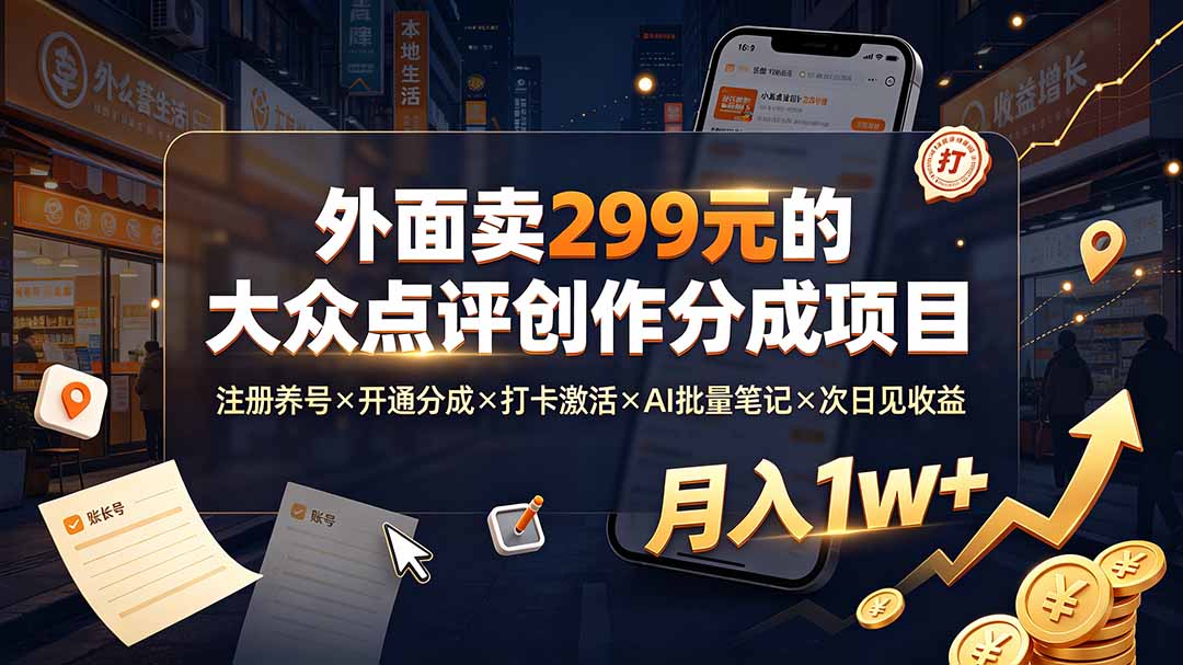外面卖299元的大众点评创作分成项目：注册养号×开通分成×打卡激活×AI批量笔记×次日见收益，月入1w+-搞钱利器