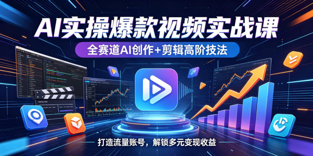 AI实操爆款视频实战课，全赛道AI创作+剪辑高阶技法，打造流量账号，解锁多元变现收益-搞钱利器