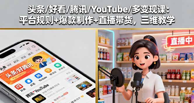 头条/好看/腾讯/YouTube/多变现课：平台规则+爆款制作+直播带货，三维教学-搞钱利器