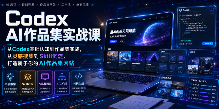 Codex AI作品集实战课，从Codex基础认知到作品集实战，从灵感搜集到Skill沉淀，打造属于你的AI作品集网站-搞钱利器