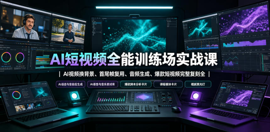 AI短视频全能训练场实战课｜AI视频换背景、首尾帧复用、音频生成、爆款短视频完整复刻全套实操教学-搞钱利器