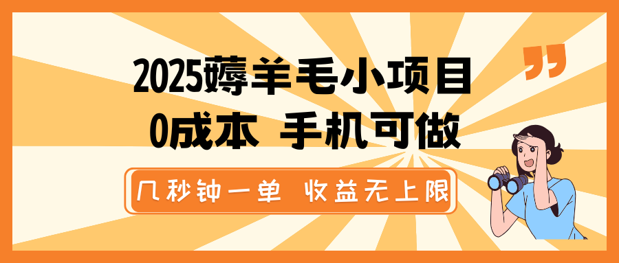 2025薅羊毛小项目，0成本 手机可做，几秒钟一单，收益无上限-搞钱利器