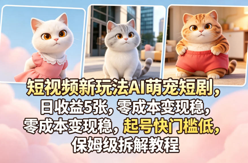 短视频新玩法AI萌宠短剧，日收益5张，零成本变现稳，起号快门槛低，保姆级拆解教程-搞钱利器