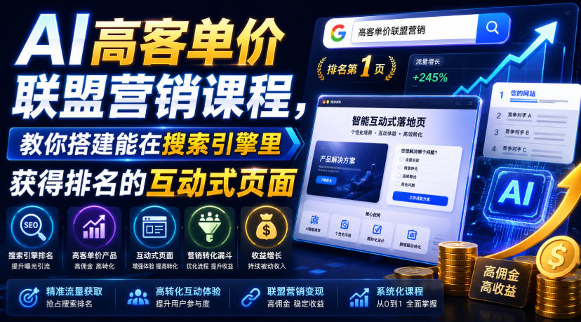 AI高客单价联盟营销课程，教你搭建能在搜索引擎里获得排名的互动式页面，引来流量，把访客转化为高佣金的成交【原创双语字幕】-搞钱利器