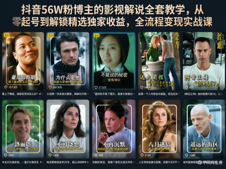 抖音56W粉博主的影视解说全套教学，从零起号到解锁精选独家收益，全流程变现实战课-搞钱利器