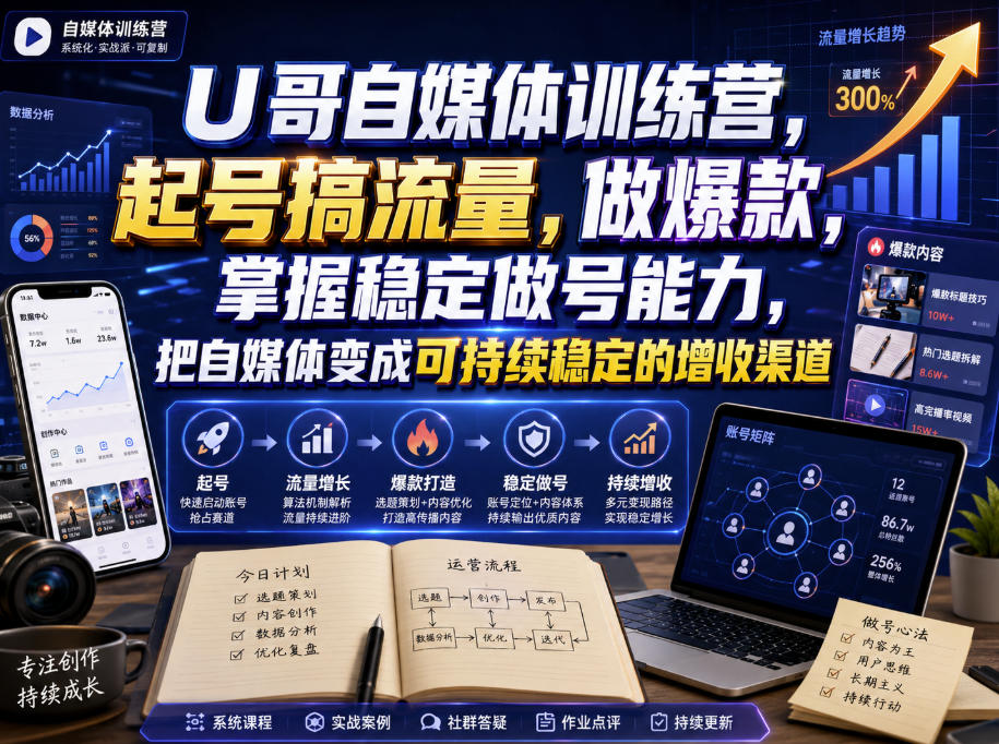U哥自媒体训练营，起号搞流量，做爆款，掌握稳定做号能力，把自媒体变成可持续稳定的增收渠道-搞钱利器
