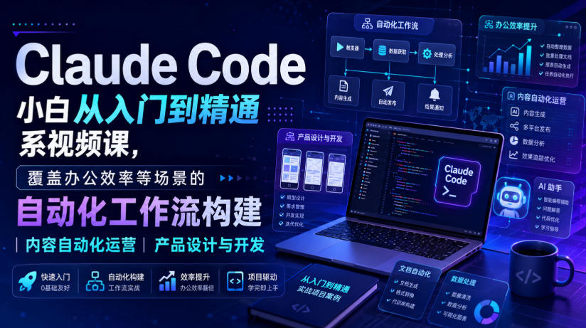 Claude Code小白从入门到精通系视频课，覆盖办公效率等场景的自动化工作流构建|内容自动化运营|产品设计与开发-搞钱利器