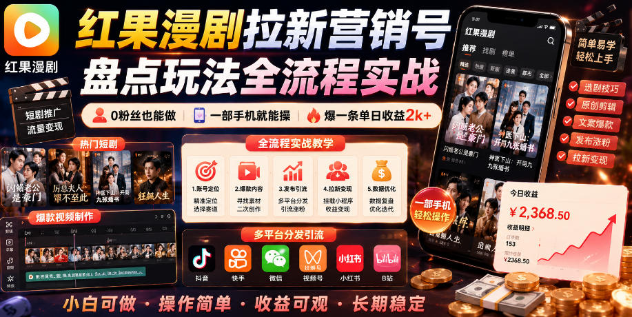 红果漫剧拉新营销号盘点玩法全流程实战，0粉丝也能做，一部手机就能做，爆一条单日收益2k+-搞钱利器