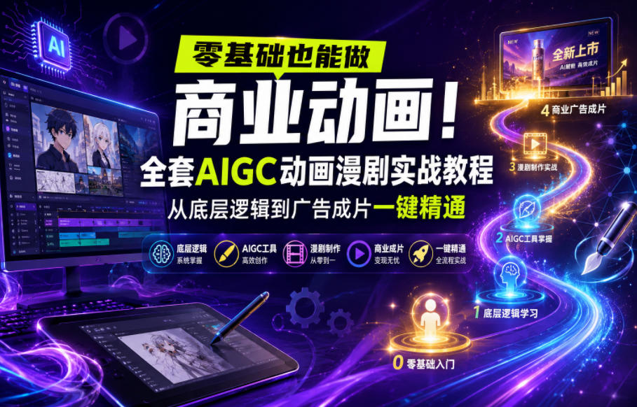 零基础也能做商业动画！全套AIGC动画漫剧实战教程，从底层逻辑到广告成片一键精通-搞钱利器