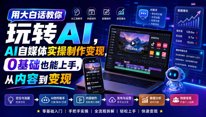用大白话教你玩转AI，AI自媒体实操制作变现，0基础也能上手，从内容到变现-搞钱利器