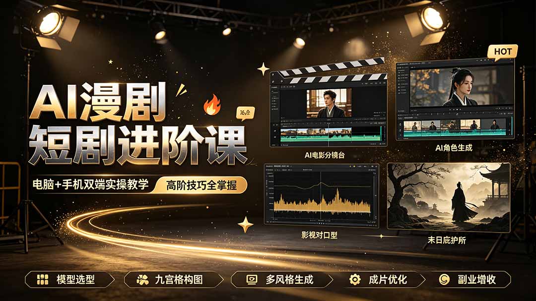 AI漫剧短剧进阶课｜电脑+手机双端实操教学｜影视剧对口型人物吃瓜×解压末日庇护所全程讲解，高阶技巧全掌握-搞钱利器