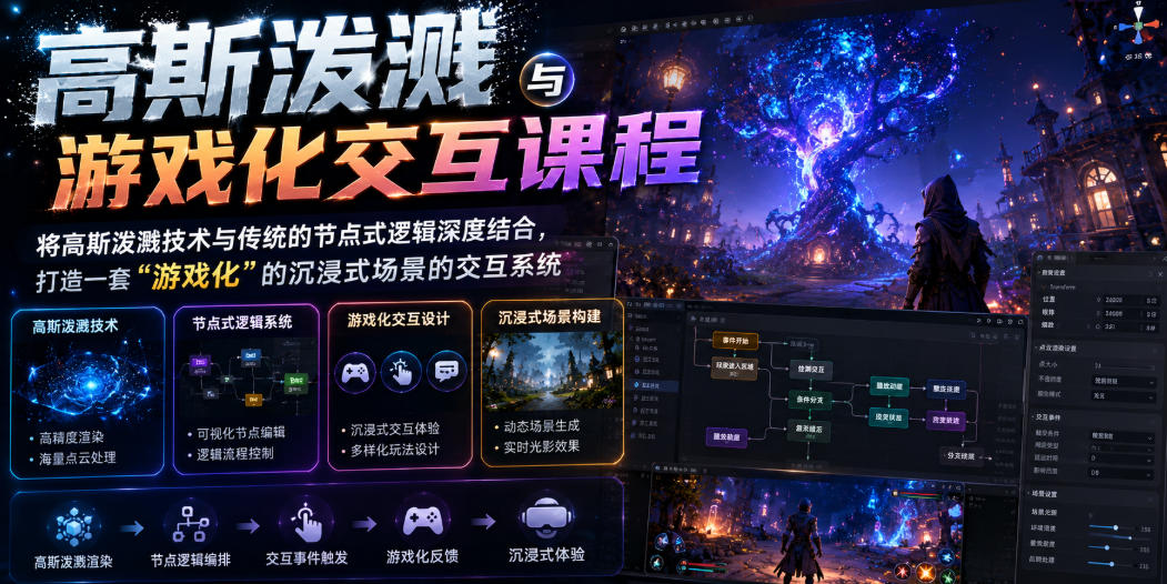 高斯泼溅与游戏化交互课程，将高斯泼溅技术与传统的节点式逻辑深度结合，打造一套“游戏化”的沉浸式场景的交互系统-搞钱利器