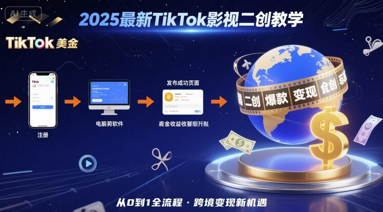 2025年最新TikTok影视二创教学，从注册到发布撸美金全流程，跨境变现新机遇-搞钱利器