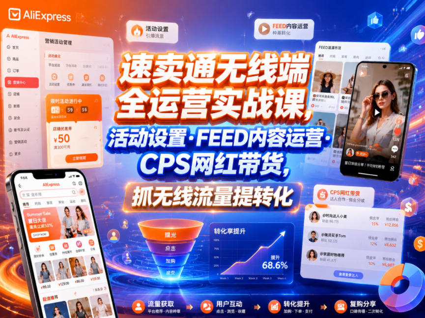 速卖通无线端全运营实战课，活动设置・FEED内容运营・CPS网红带货，抓无线流量提转化-搞钱利器