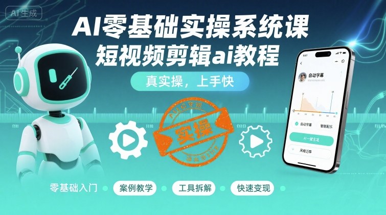 AI零基础实操系统课，短视频剪辑ai教程，真实操，上手快-搞钱利器