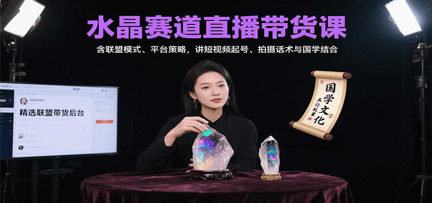 水晶赛道直播带货课：含联盟模式、平台策略，讲短视频起号、拍摄话术与国学结合-搞钱利器