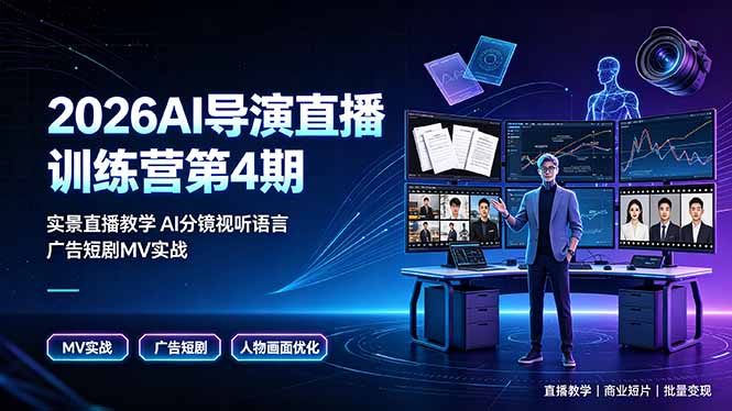 2026AI导演直播训练营第4期，实景直播教学AI分镜视听语言，广告短剧MV实战，解决人物画面崩坏痛点-搞钱利器