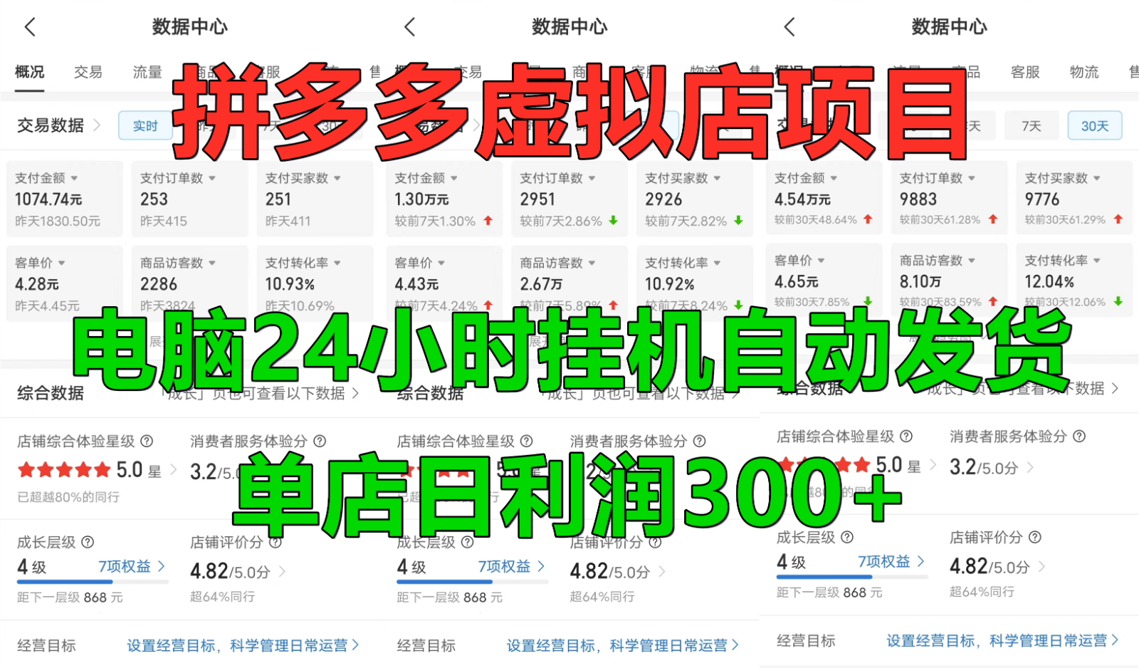 拼多多虚拟店铺项目，电脑挂机自动发货，单店日利润300+-搞钱利器