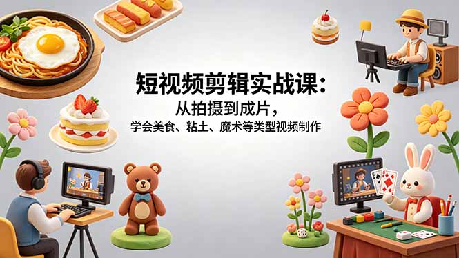 短视频剪辑实战课：从拍摄到成片，学会美食、粘土、魔术等类型视频制作-搞钱利器
