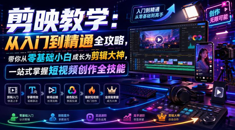 剪映教学：从入门到精通全攻略，带你从零基础小白成长为剪辑大神，一站式掌握短视频创作全技能-搞钱利器