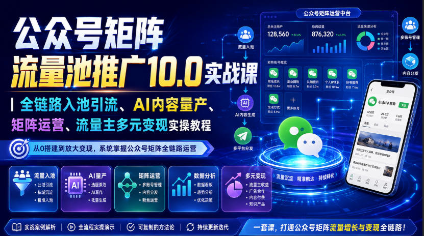 公众号矩阵流量池推广10.0实战课｜全链路入池引流、AI内容量产、矩阵运营、流量主多元变现实操教程-搞钱利器