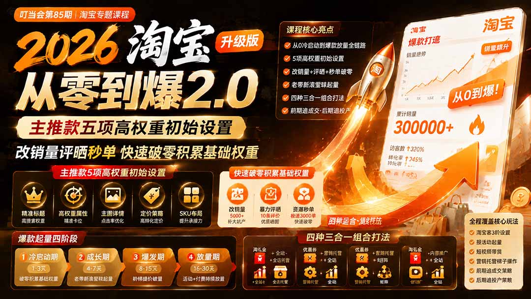 2026淘宝从零到爆2.0第85期；主推款五项高权重初始设置，改销量评晒秒单快速破零积累基础权重-搞钱利器