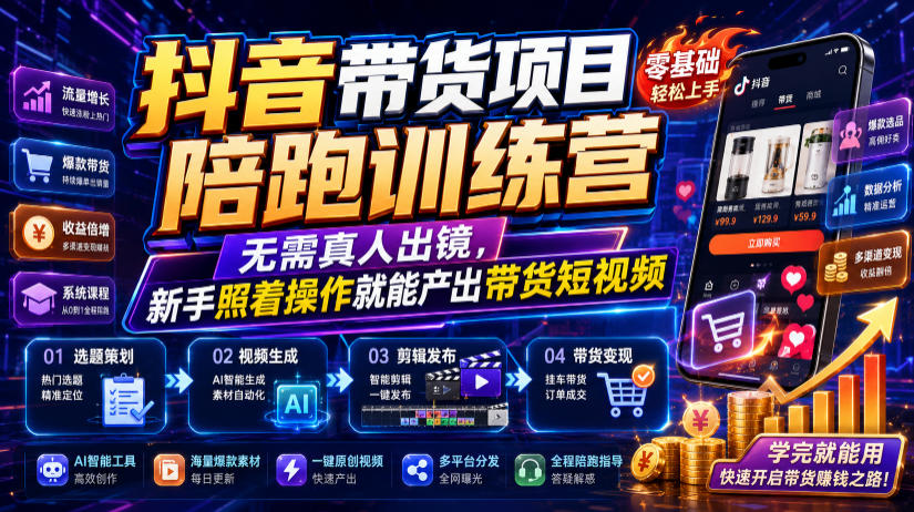 抖音带货项目陪跑训练营，无需真人出镜，新手照着操作就能产出带货短视频(更新0811)-搞钱利器