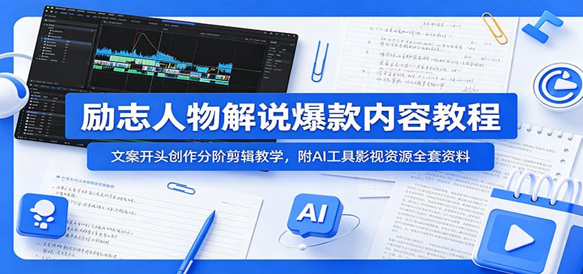 励志人物解说爆款内容教程：文案开头创作分阶剪辑教学，附AI 工具影视资源全套资料-搞钱利器