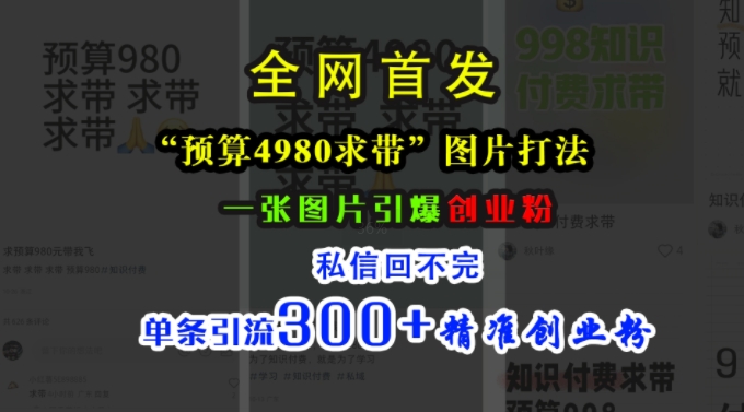 小红书“预算4980带我飞”图片打法，一张图片引爆创业粉，私信回不完，单条引流300+精准创业粉-搞钱利器